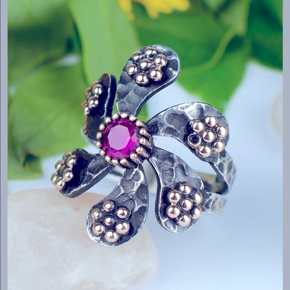 Ottoman Silver Collection Red Corundum & Sterling Silver hammered Floral…